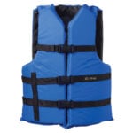 Blue life jacket with black straps.