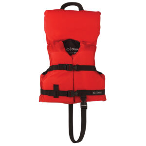 Red life jacket with black straps.