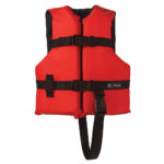 Red life jacket with black straps.