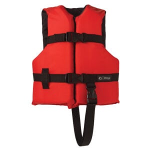 Red life jacket with black straps.