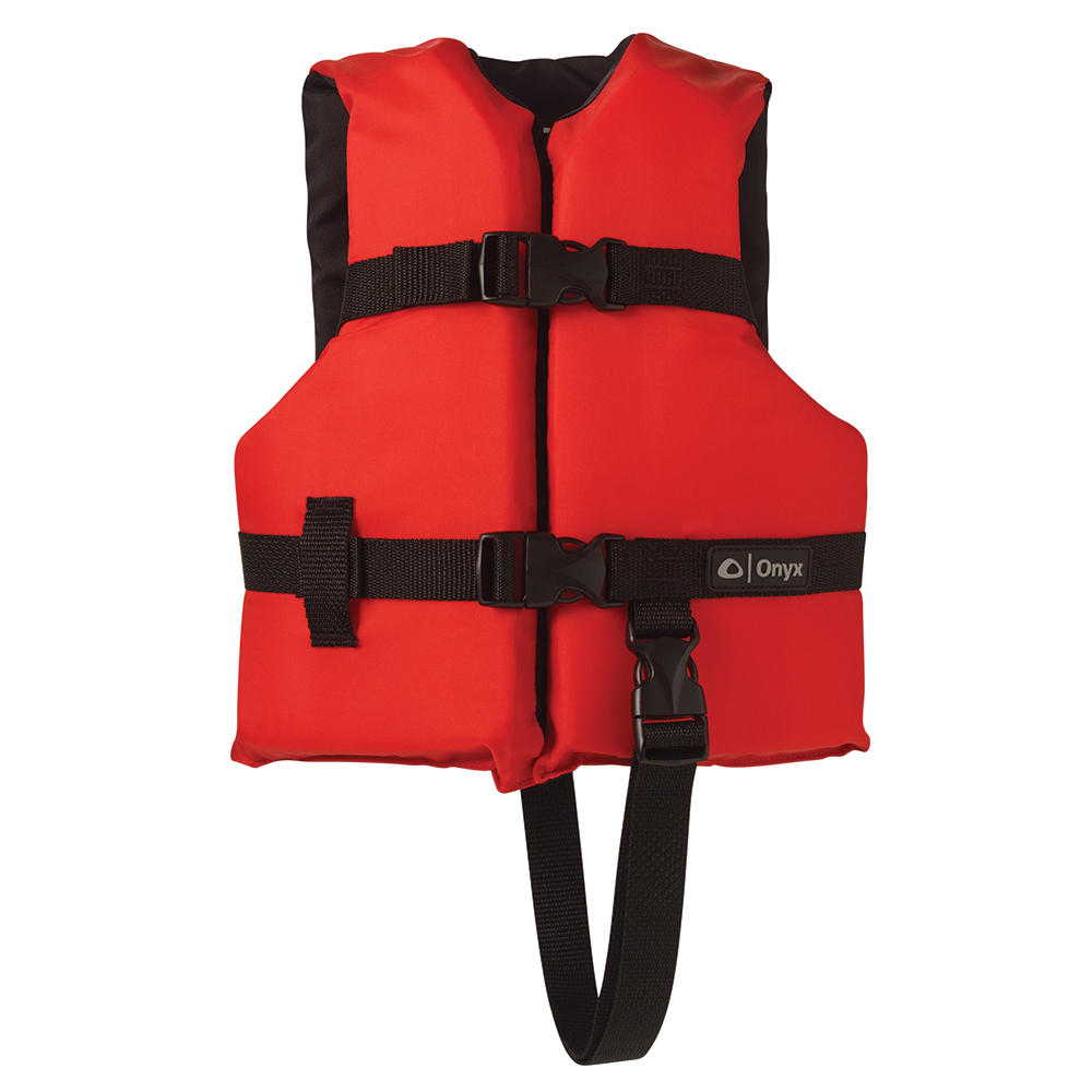 Red life jacket with black straps.