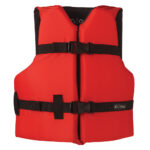 Red life jacket with black straps
