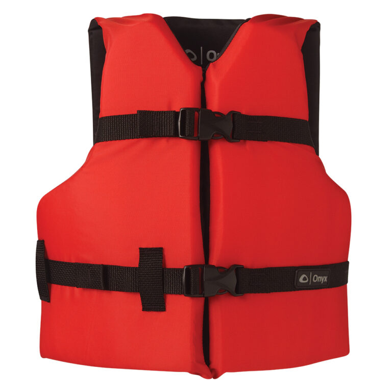 Red life jacket with black straps