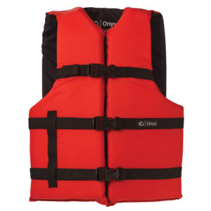 Red life jacket with black straps and buckles.