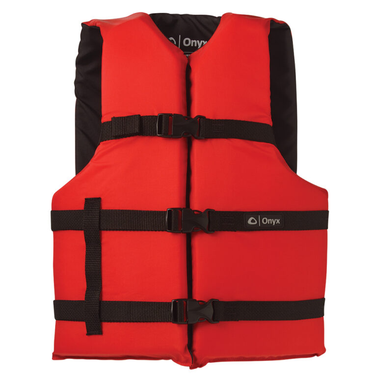 Red life jacket with black straps and buckles.
