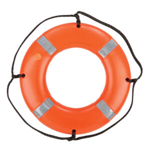 Orange life preserver ring with rope and reflectors.