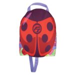 Ladybug design red backpack with floral accents.