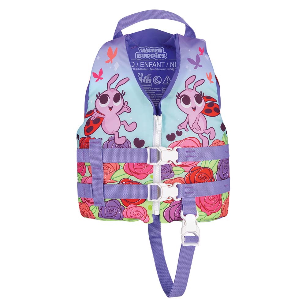 Colorful child's life jacket with flowers and characters.