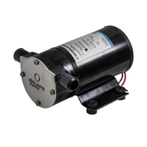 Marine pump with black casing and label.