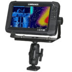 Lowrance HDS-9 sonar fishfinder display on mount.