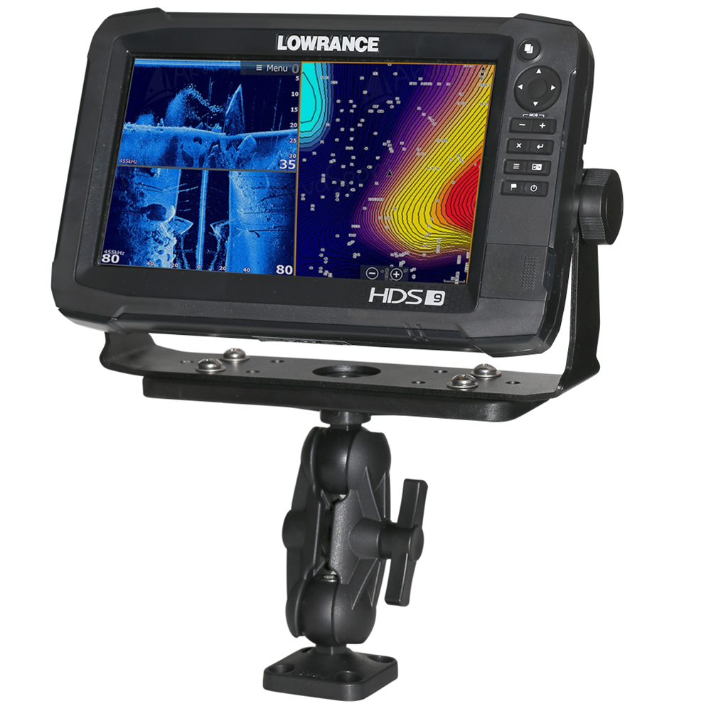 Lowrance HDS-9 sonar fishfinder display on mount.