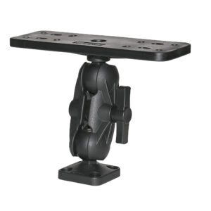 Black adjustable mounting plate with jointed arm.