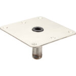 Stainless steel mounting plate with central hole.