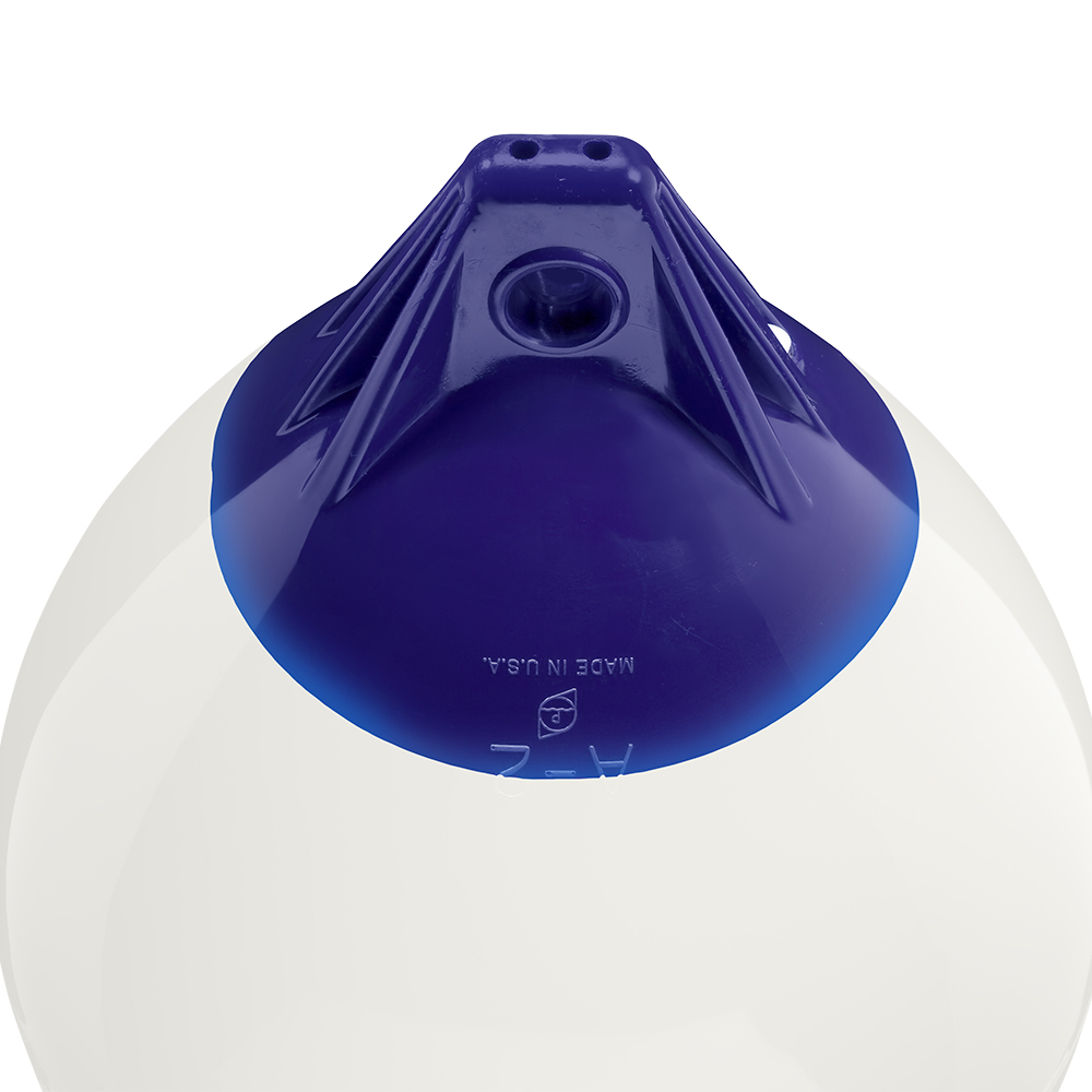 Blue-topped white buoy marked "Made in USA.