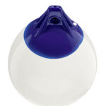 Blue and white boat fender for marine protection.