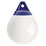 White and blue marine buoy with top eyelet