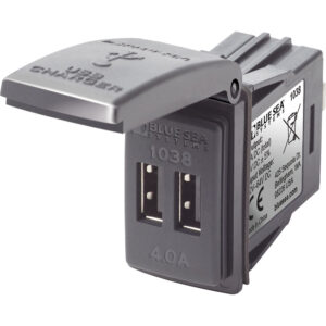 Black USB charger with two ports and cover.