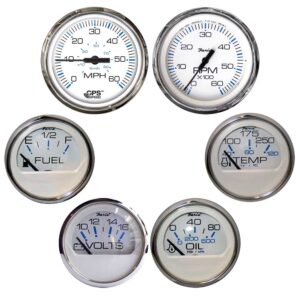 Marine engine gauges displaying speed, RPM, fuel, volts.