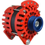 Red automotive alternator with blue pulley