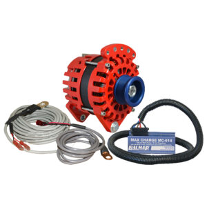 Red alternator with cables and voltage regulator.