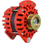 Red automotive alternator with pulley