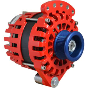 Red automotive alternator with blue pulley