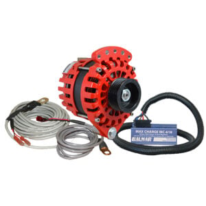 Red alternator with cables and charge controller.