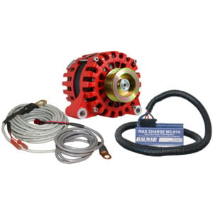 Red alternator with cables and voltage regulator.