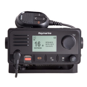 Marine radio with distress signal display and controls.