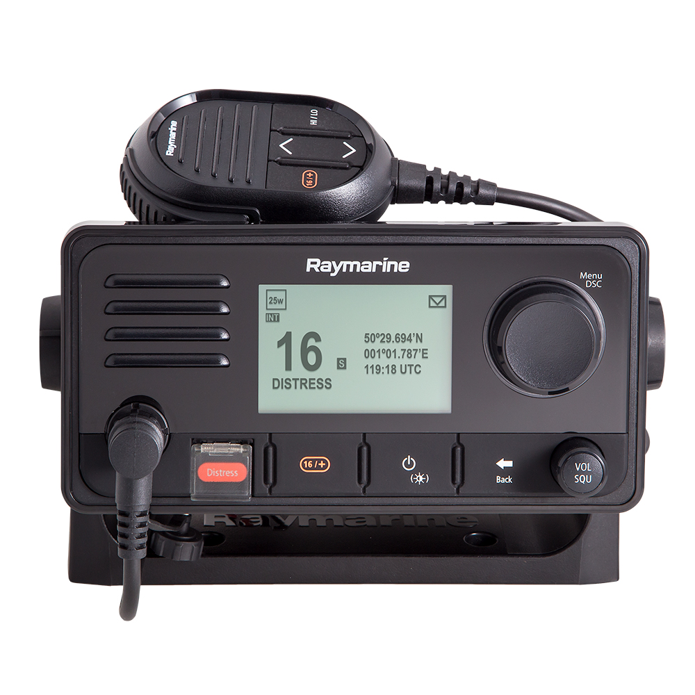 Marine radio with distress signal display and controls.