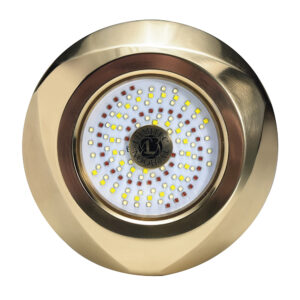 Brass LED underwater boat light close-up view.