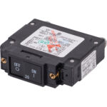 Black electrical circuit breaker switch with labels.