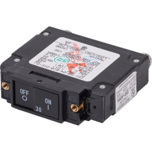 Circuit breaker with on-off switch and labels.