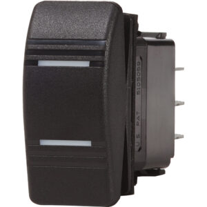 Black rocker switch with white indicators.