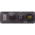 12V DC power panel with voltmeter and ports.