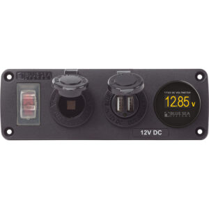 12V DC power panel with voltmeter and ports.