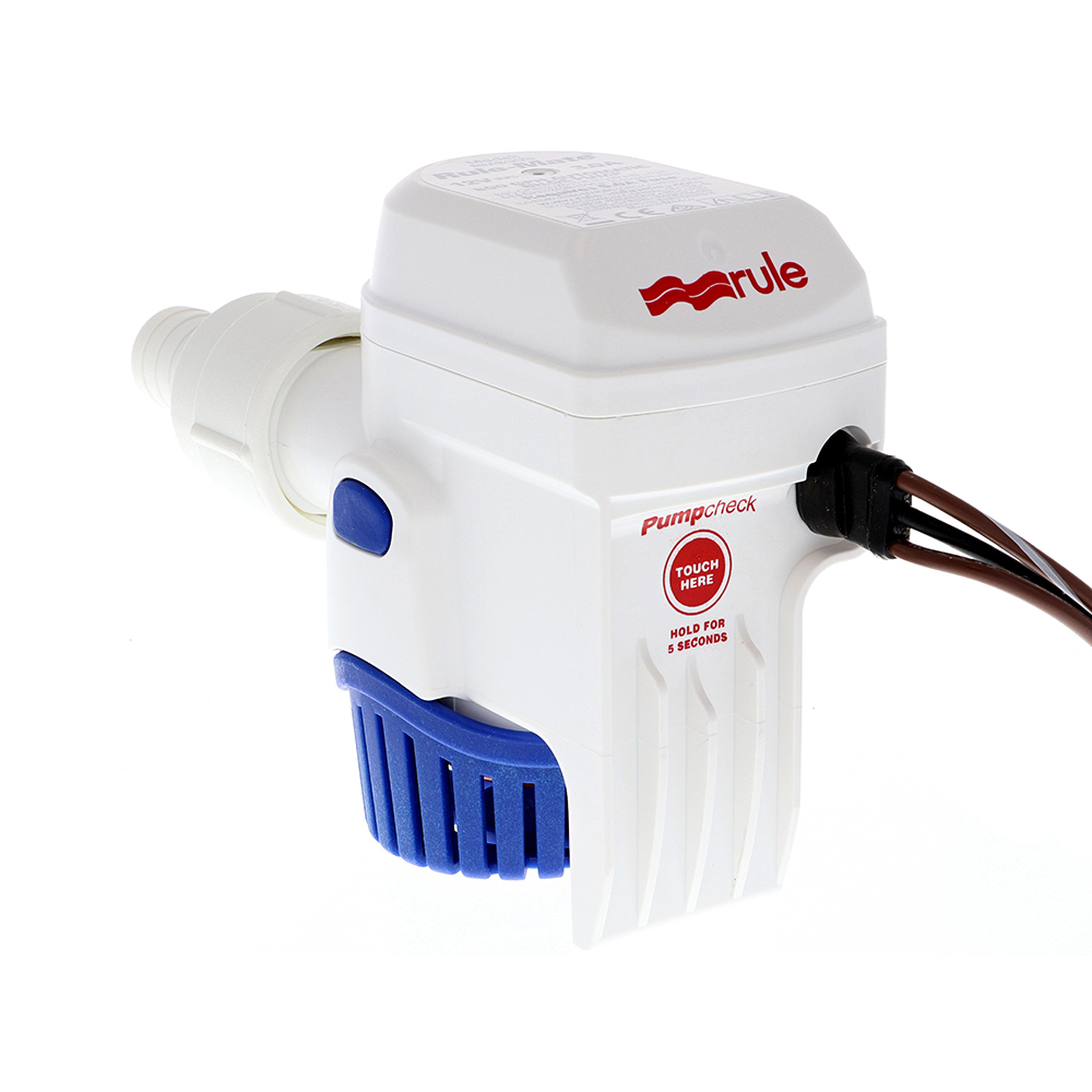 Rule bilge pump with blue base and white body.