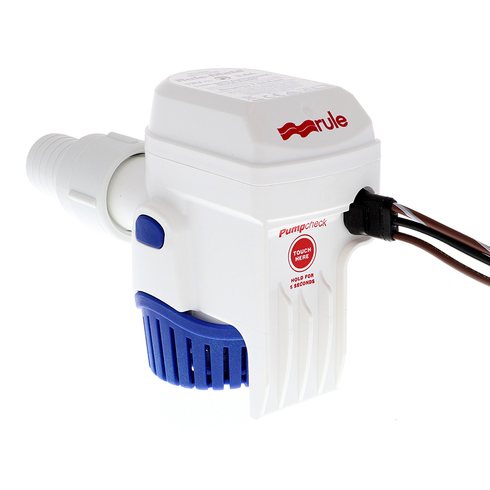 White and blue motorized bilge pump for water removal.