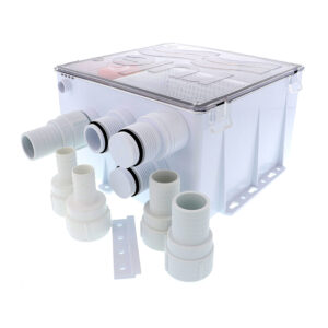Plastic water distribution box with fittings.