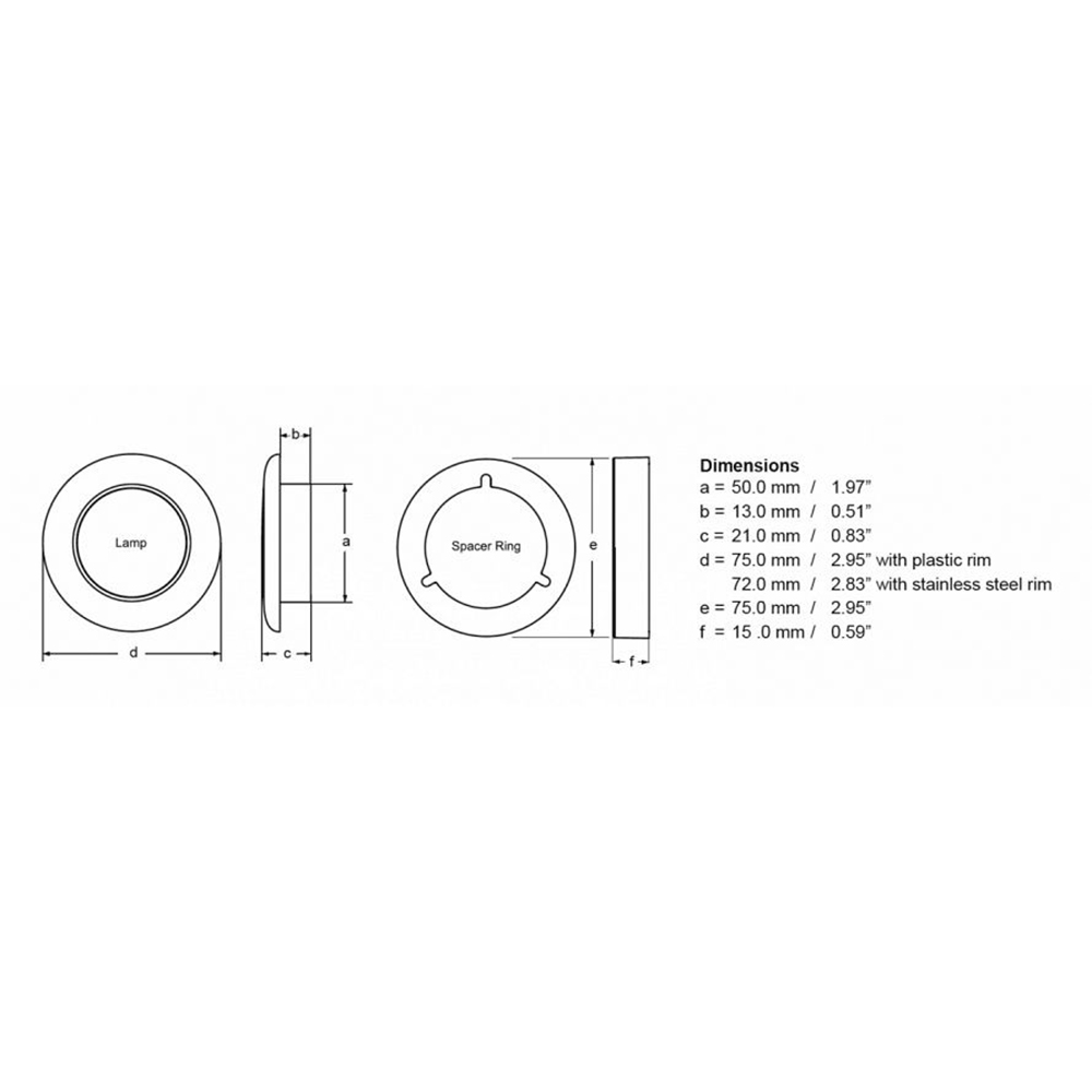 Diagram of lamp dimensions and spacer ring.