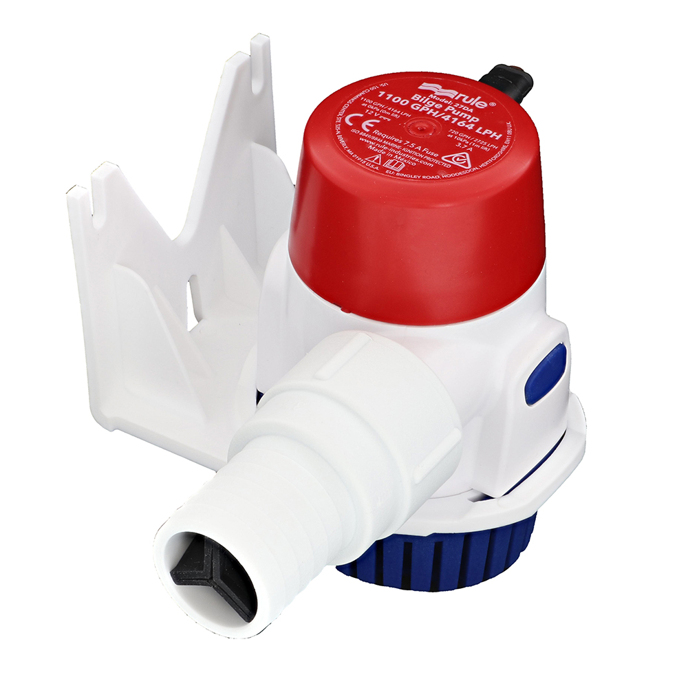 Marine bilge pump with red cover and white base.