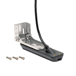 Marine transducer with mounting bracket and screws.