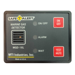 Marine gas detector device, labeled buttons visible.