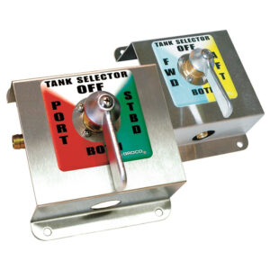 Stainless steel boat tank selector valves, red and yellow.