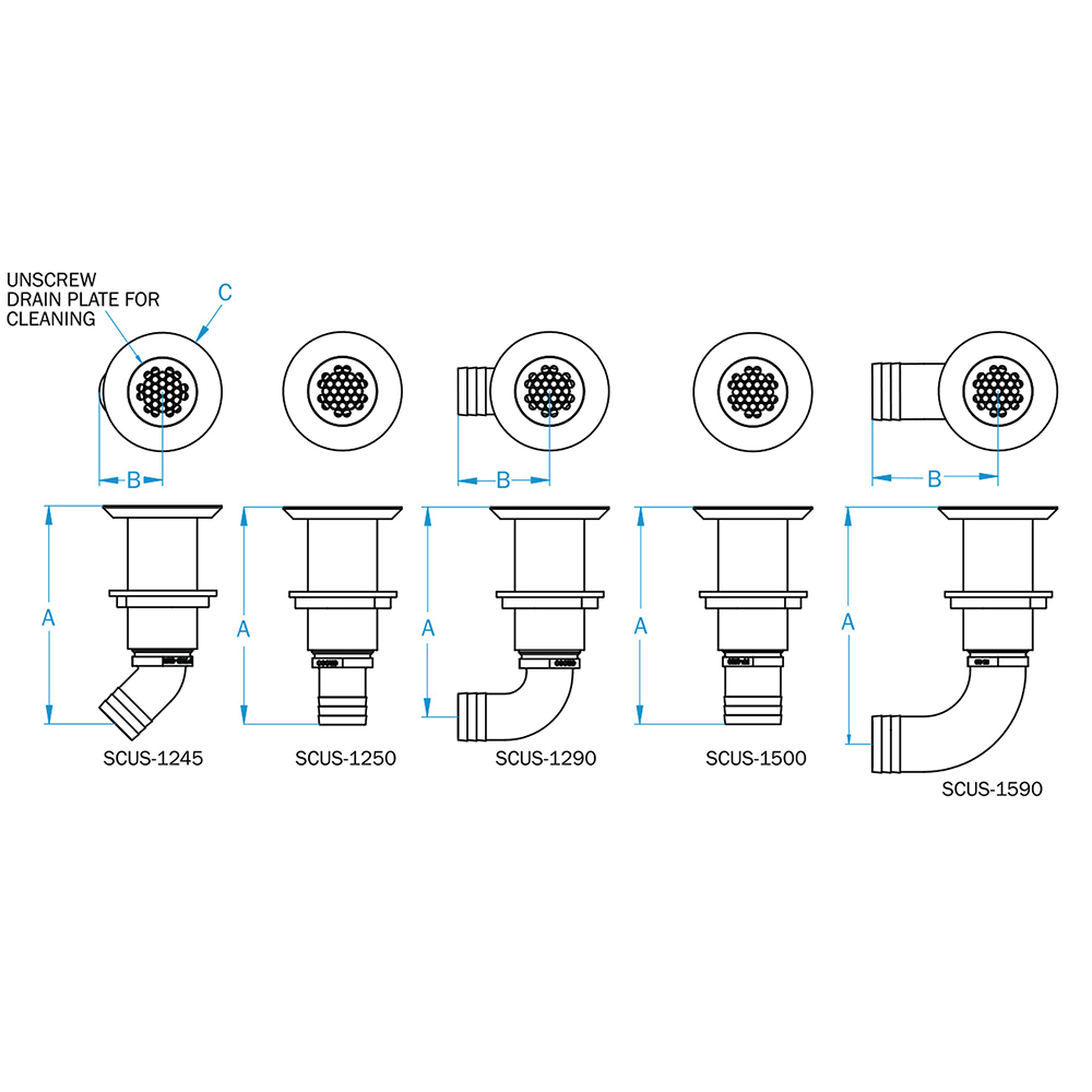 Diagrams of different drain couplings with measurements.
