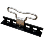 Silver boat cleat with black mounting bracket.