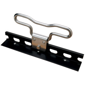 Silver boat cleat with black mounting bracket.