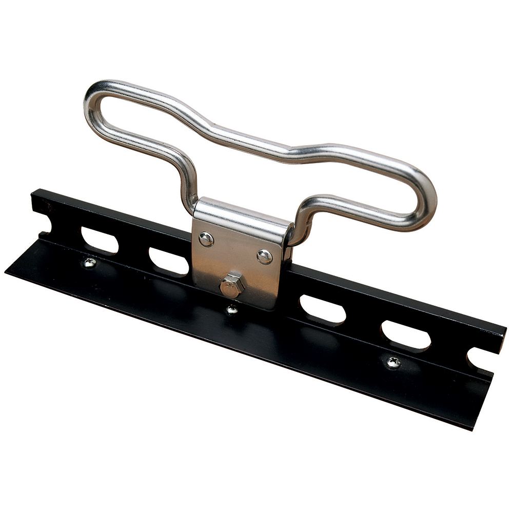 Silver boat cleat with black mounting bracket.