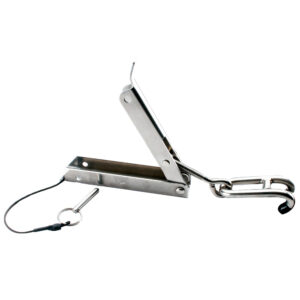Metal trailer hitch lock with key and chain.