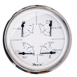 Quad gauge showing fuel, volts, oil, temperature levels.